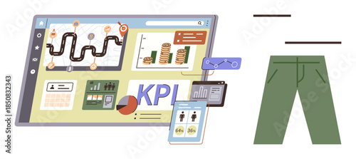 Advanced dashboard with key performance indicators, graphs, map, and charts linked to a mobile app and green trousers displayed. Ideal for business analytics, tracking progress, management, growth