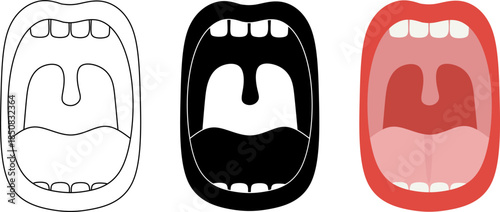 Open human mouth anatomy icon set featuring outline, solid black, and flat color styles. Clean oral cavity illustration for medical, dental, healthcare, education, infographic, and UI design use.