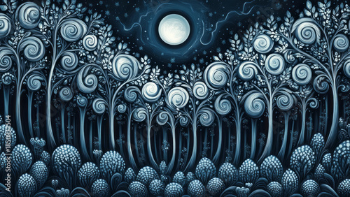  magical forest with trees and a moon in the sky