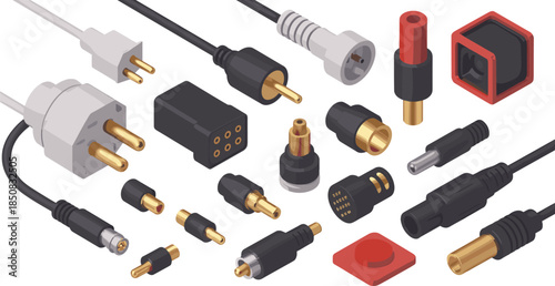 Isometric electrical connectors and plugs collection illustration showing power adapters sockets cables industrial electronics technology components set