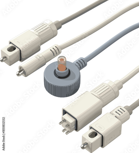 Medical device connector cables illustration showing electrical and fluid connectors healthcare equipment technology isolated on white background