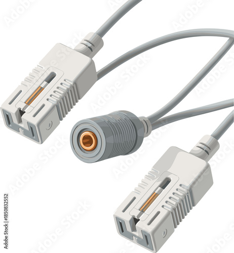 Medical device connector cables illustration showing electrical and fluid connectors healthcare equipment technology isolated on white background