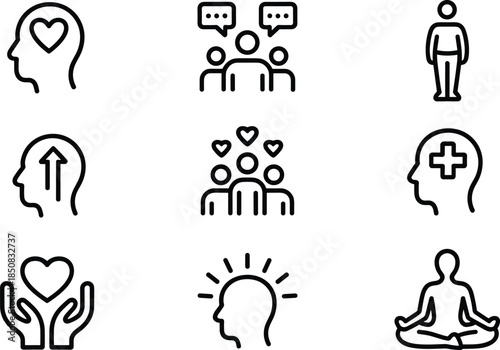 Mental health and wellbeing line icons set showing mindfulness support empathy communication therapy self care vector collection