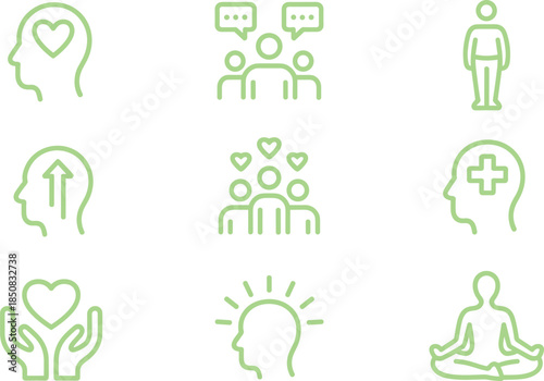 Mental health and wellbeing line icons set showing mindfulness support empathy communication therapy self care vector collection