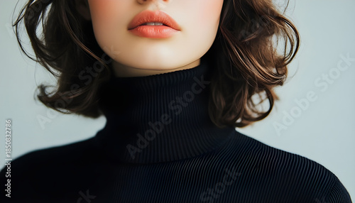 A close-up shot of a woman wearing a black turtle neck sweater, possibly for formal or professional occasion