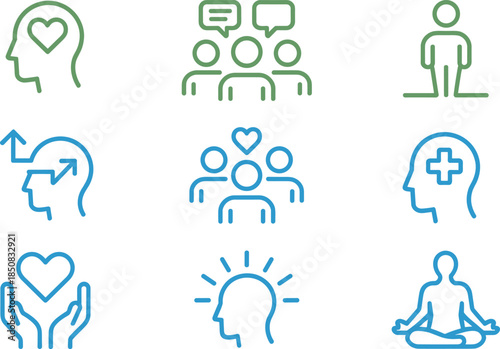 Mental health and wellbeing line icons set showing mindfulness support empathy communication therapy self care vector collection