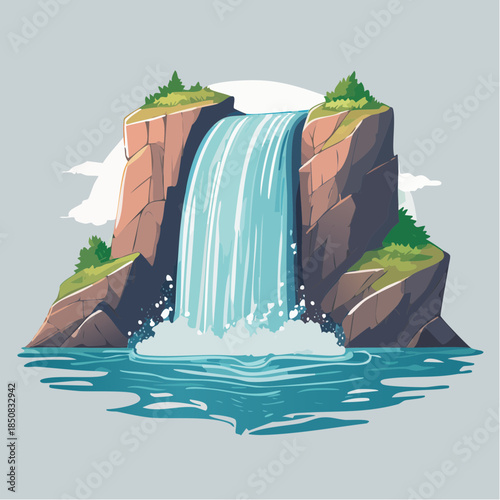 Cartoon illustration of a waterfall cascading between rocky cliffs into a pool of water.