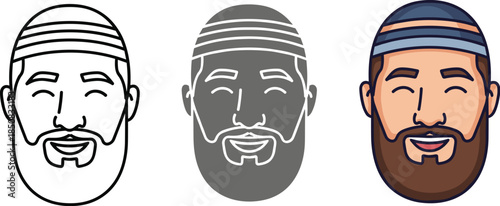 Illustration of a smiling man with a beard and a hat, presented in three different styles outline, grayscale, and full color isolated on white background
