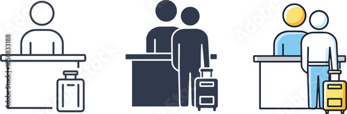 Illustration of a person at the airport checkin counter, representing travel, customer service, and airport procedures isolated on white background