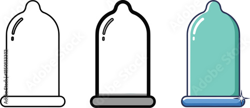 Illustration of three condoms isolated on white background, one in outline, one in bold outline and one in color, for use in sex education materials
