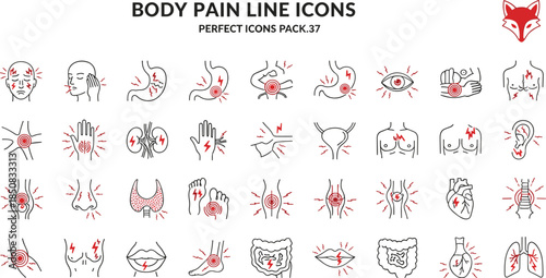 Body pain line icons set, perfect icons pack headache, toothache, stomach ache, chest pain, joint pain, muscle pain, back pain, and other pain symptoms