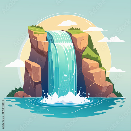 Cartoon waterfall cascading into a pool of water with rocky cliffs.