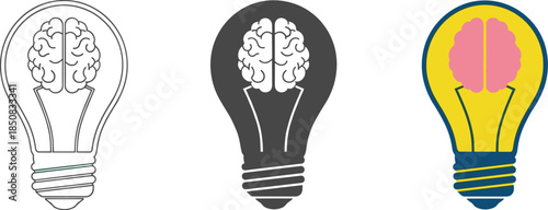 Three light bulbs with a brain inside, representing an idea, innovation, or creativity isolated on white background a symbol of intelligence and knowledge