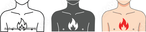 Heartburn concept set of linear, gray and color heartburn icons burning fire in the chest isolated on white background