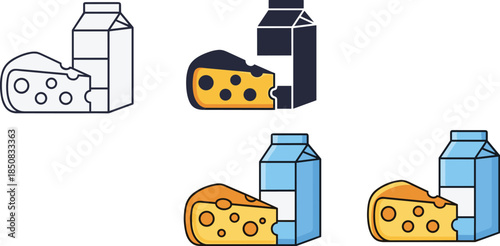 Milk and cheese isolated on white background a dairy product icon set featuring a carton of milk and a piece of swiss cheese in various styles