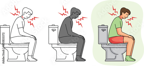 Man suffering from constipation sitting on toilet isolated on white background digestive problems, hemorrhoids, abdominal pain, and bowel disease concept