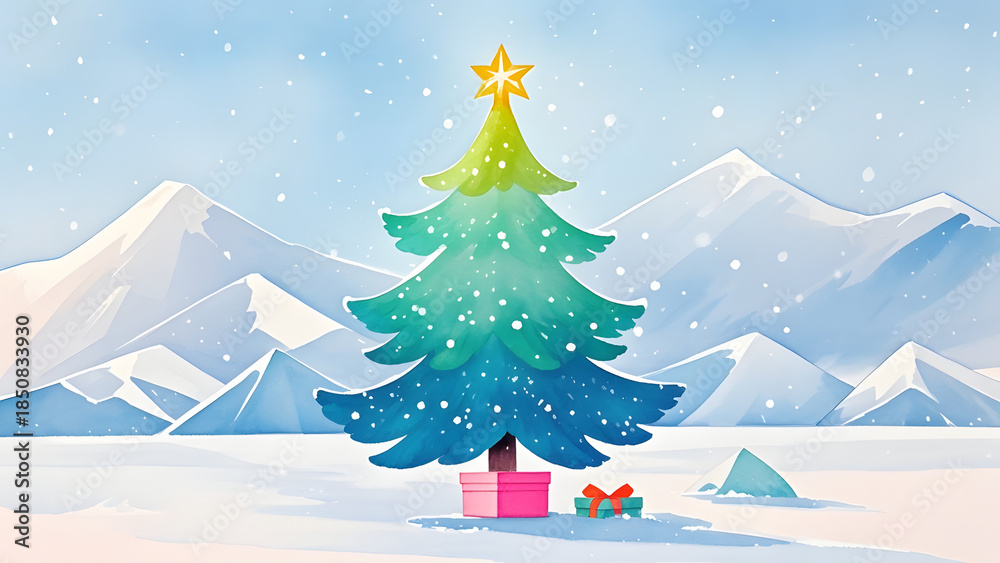 Fototapeta premium Christmas tree with golden star and gifts in snowy mountain landscape