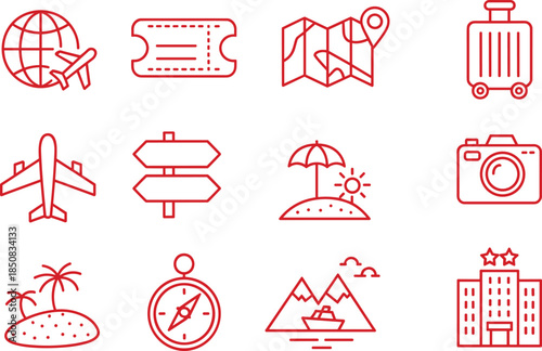 Travel and tourism line icons set with airplane map luggage camera compass hotel beach destination outline vector collection