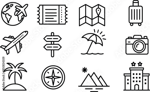 Travel and tourism line icons set with airplane map luggage camera compass hotel beach destination outline vector collection