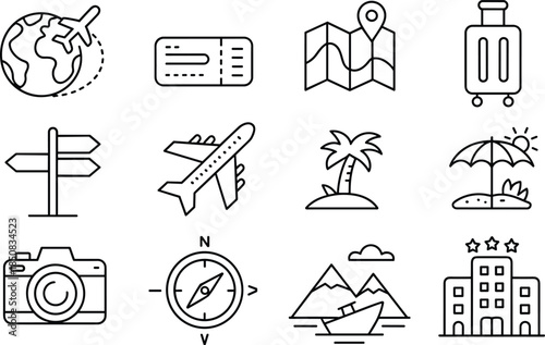 Travel and tourism line icons set with airplane map luggage camera compass hotel beach destination outline vector collection