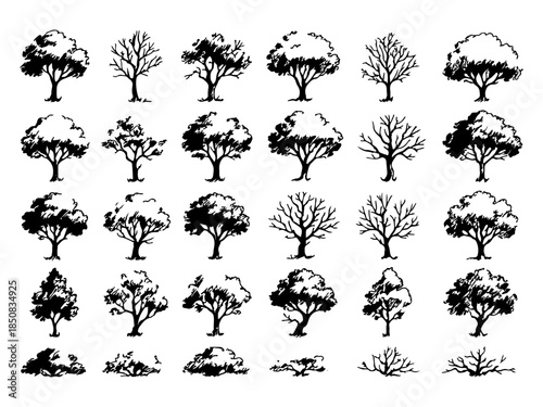 30 Hand Drawn Tree Sketch Silhouettes in Vintage Ink Style