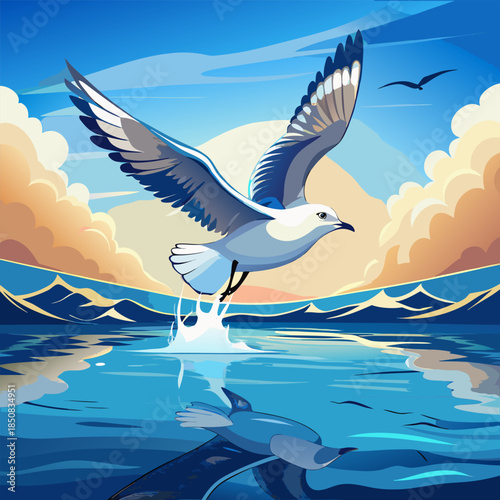 Stylized seagull taking flight from ocean water illustration