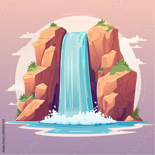 Cartoon waterfall cascading between rocky cliffs into a pool of water.