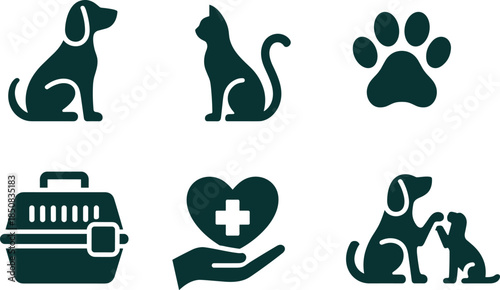 Veterinary and pet care silhouette icons set with dog cat paw carrier and health symbols, black minimal illustration