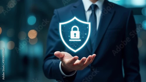 Legal Shield: A professional, in a formal suit, extends their hand to display a digital icon of a shield, showcasing concepts of law and justice within a technological and futuristic realm.