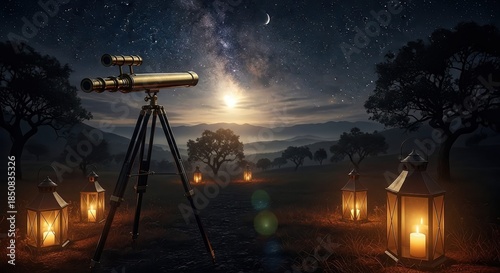 A telescope stands in a serene field at night, illuminated by lanterns, under a breathtaking sky filled with stars and the Milky Way.