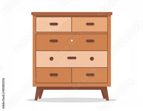 A modern wooden dresser with multiple drawers in varying shades of brown, featuring a minimalist design.