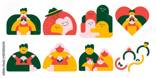 Set of happy family day geometric style illustration. Father, mother, children, parents hug and togetherness. Vector isolated