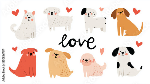 Cute hand-drawn doodle set of various dog breeds with red hearts and the word love, isolated on a white background