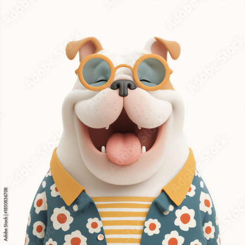 Close-up 3D portrait of a laughing white bulldog with an open mouth wearing stylish round sunglasses and a floral shirt