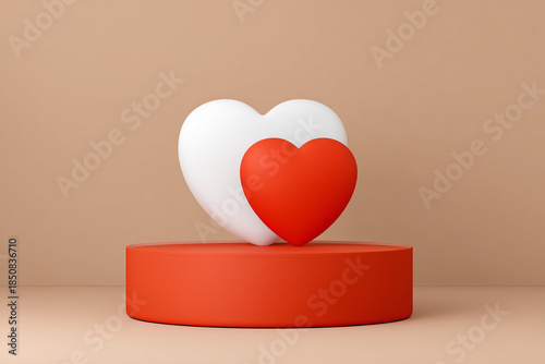 Simple 3D composition of a red podium with large white and red hearts against a warm beige background