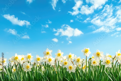 A vibrant spring scene with daffodils blooming in a field under a clear blue sky.