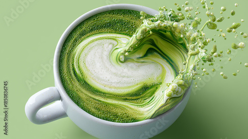 Refreshing iced matcha green tea latte in a tall glass topped with thick whipped cream, caramel drizzle, and fresh mint leaves on a green background