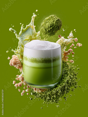 Creative top-down view of a matcha latte in a ceramic cup with dynamic liquid splashes, foam art, and rich green tea texture