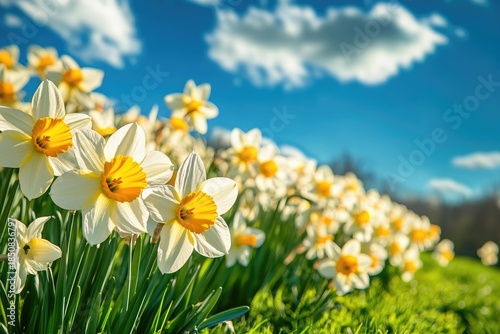 A vibrant field of daffodils under a clear blue sky, with fluffy white clouds scattered across the expanse.