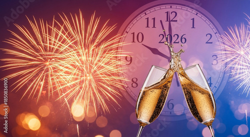 Happy New Year 2026 , New Year's Eve celebration, Champagne toast / Champagne glasses. New year greetings card, banner, poster .