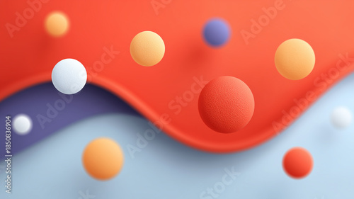 Modern 3D abstract background featuring colorful matte spheres floating over a wavy red, purple, and blue landscape