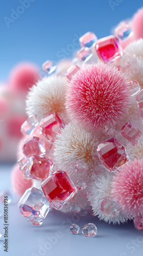 Abstract 3D composition of fluffy pink and white spheres mixed with transparent ice cubes on a soft blue background