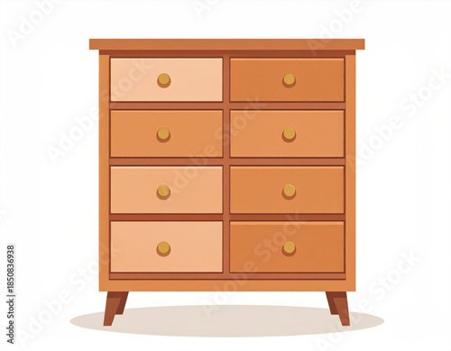 Illustration of a classic wooden dresser with eight drawers and golden knobs.