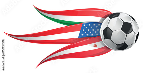 Horizontal vector illustration for the 2026 World Cup, featuring the flags of Canada, Mexico, and the USA integrated with a soccer ball