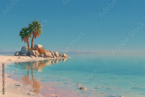 Serene Tropical Beach with Palms and Crystal Clear Water for Vacation Relaxation