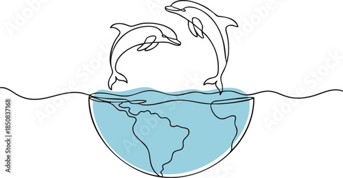 Continuous line drawing of dolphins leaping from a water-filled half Earth, symbolizing ocean vitality for World Oceans Day, vector illustration