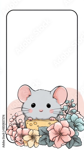 A cute cartoon mouse is sitting on a piece of cheese