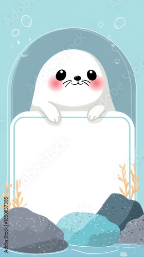 A cute cartoon seal is holding a white board with a blank space on it