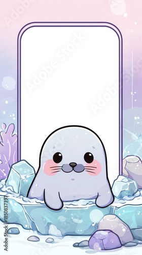 A cute cartoon seal is sitting in a bathtub full of ice