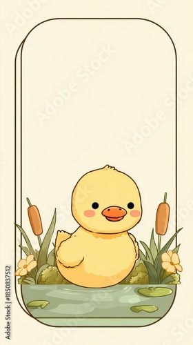 A cute yellow duck is sitting in a pond